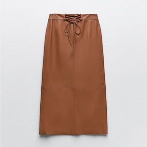 Zara || Lace Up Faux Leather Midi Skirt Camel Brown Tan XS